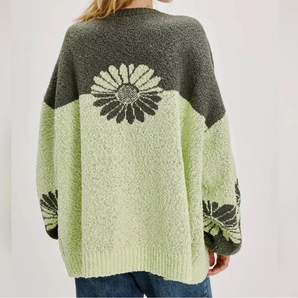 Free People Olive Green and Light Green Daisy Knit Crewneck Sweater - Picture 3 of 6